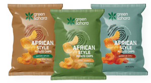 3 flavors potato chips north african savory spices and west african sweet peanut and east african barbecue chili