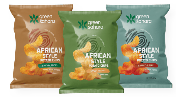 3 flavors potato chips north african savory spices and west african sweet peanut and east african barbecue chili